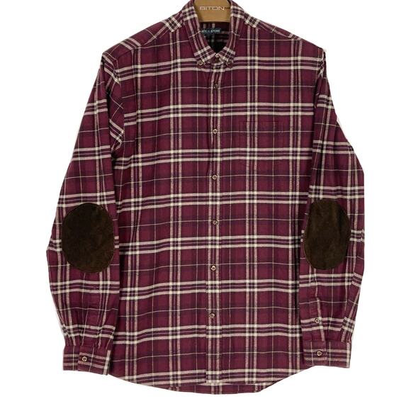 NWOT SLATE & STONE Shirt Men XXL Plaid Flannel Burgundy Elbow Patch Cotton - Picture 1 of 10